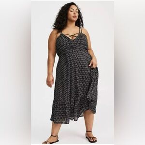 torrid Black Printed Midi Dress with Crisscross Neckline